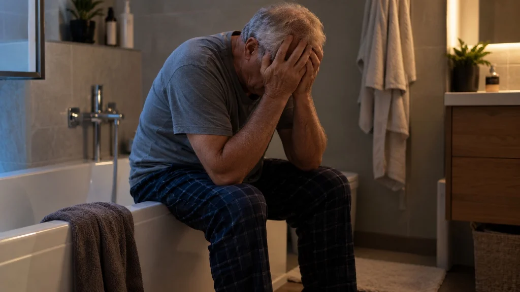 My husband David sitting on the edge of the bathtub